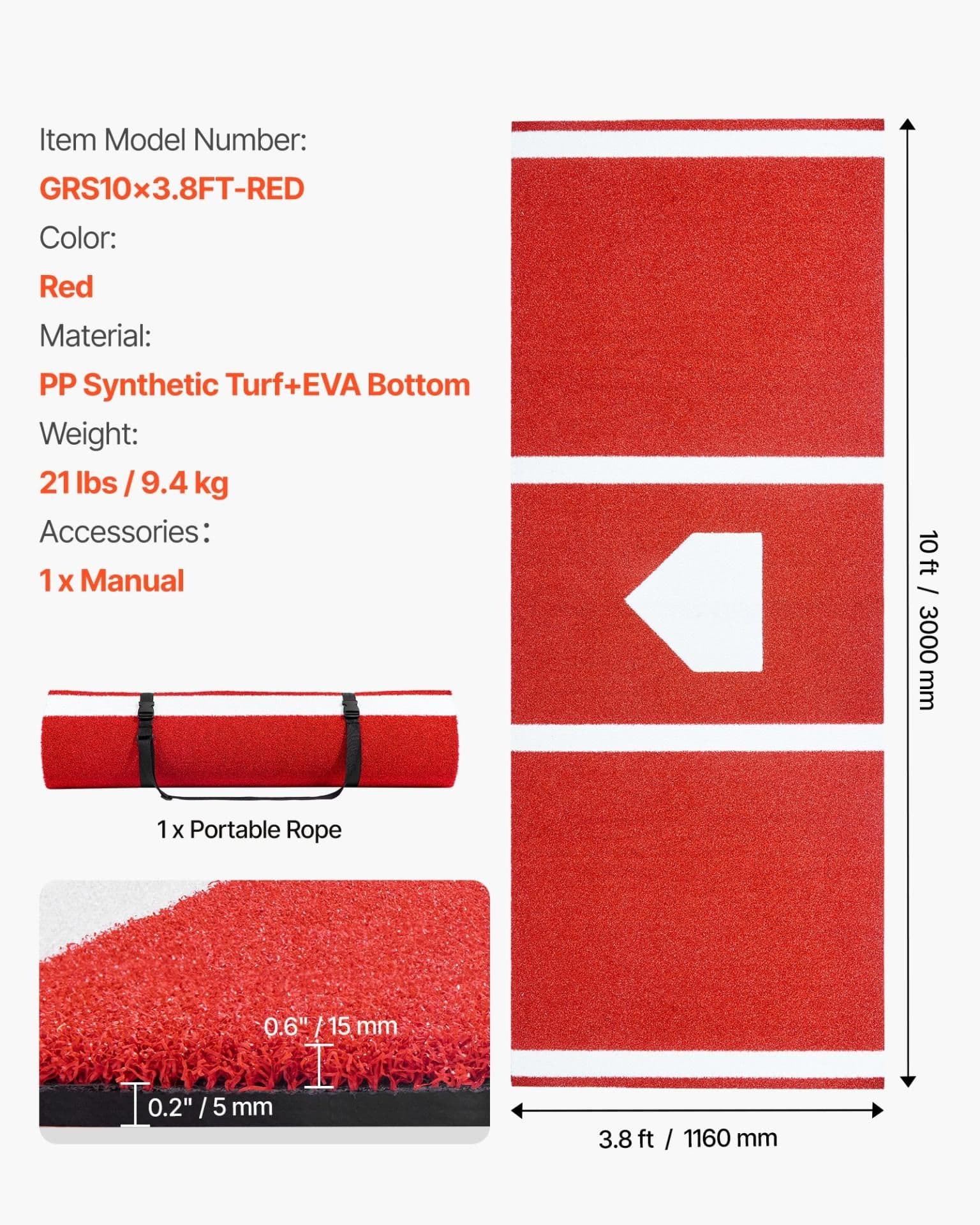 image-VEVOR Baseball Hitting Mat, 10x3.8 ft Batting Cage Mat, Batters Box Turf Mats, Softball Batting Practice Equipment with Home Plate and Anti Fade Turf, Portable Training Aid for Indoor Outdoor, Red