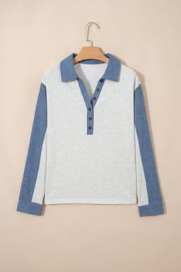 image-Light Grey Denim Patchwork Polo Top - Long Sleeve