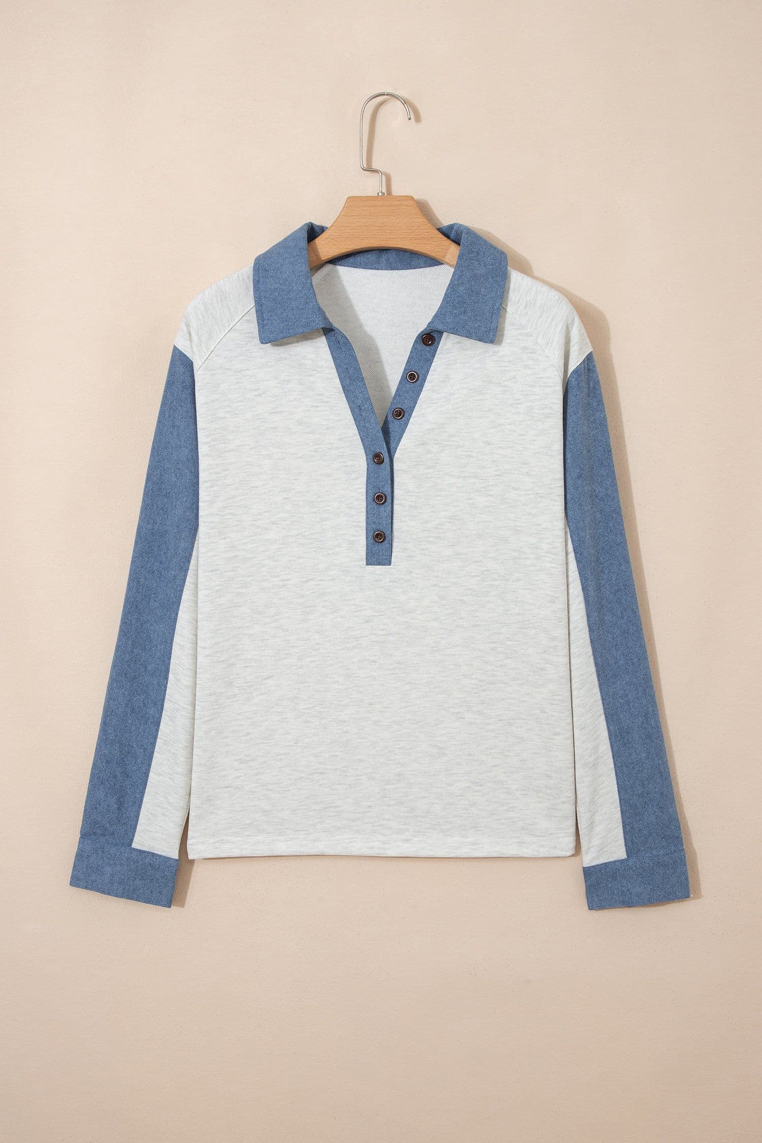 image-Light Grey Denim Patchwork Polo Top - Long Sleeve