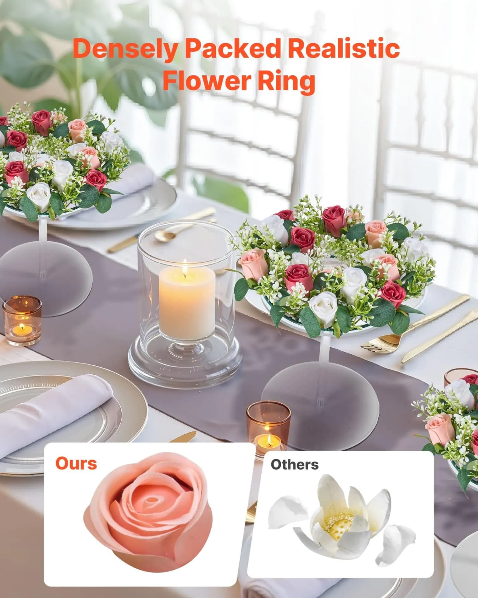 image-VEVOR Artificial Rose Wreath, 14-Inch Diameter Faux Flower Wreath with Pink and White Roses, Flower Arrangement Centerpiece for Valentine's, Mother's Day, Party, Wedding and Home Table Décor, 10 PCS