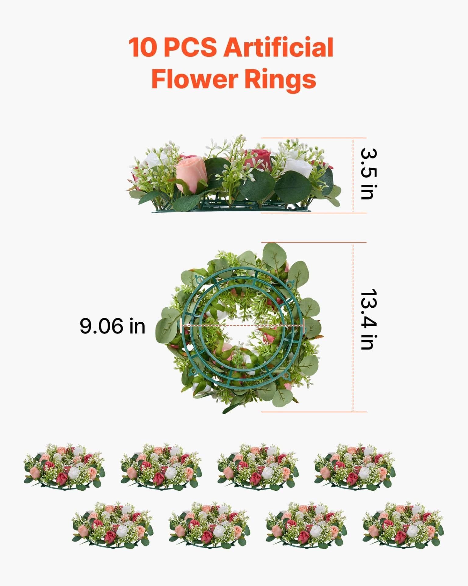 image-VEVOR Artificial Rose Wreath, 14-Inch Diameter Faux Flower Wreath with Pink and White Roses, Flower Arrangement Centerpiece for Valentine's, Mother's Day, Party, Wedding and Home Table Décor, 10 PCS