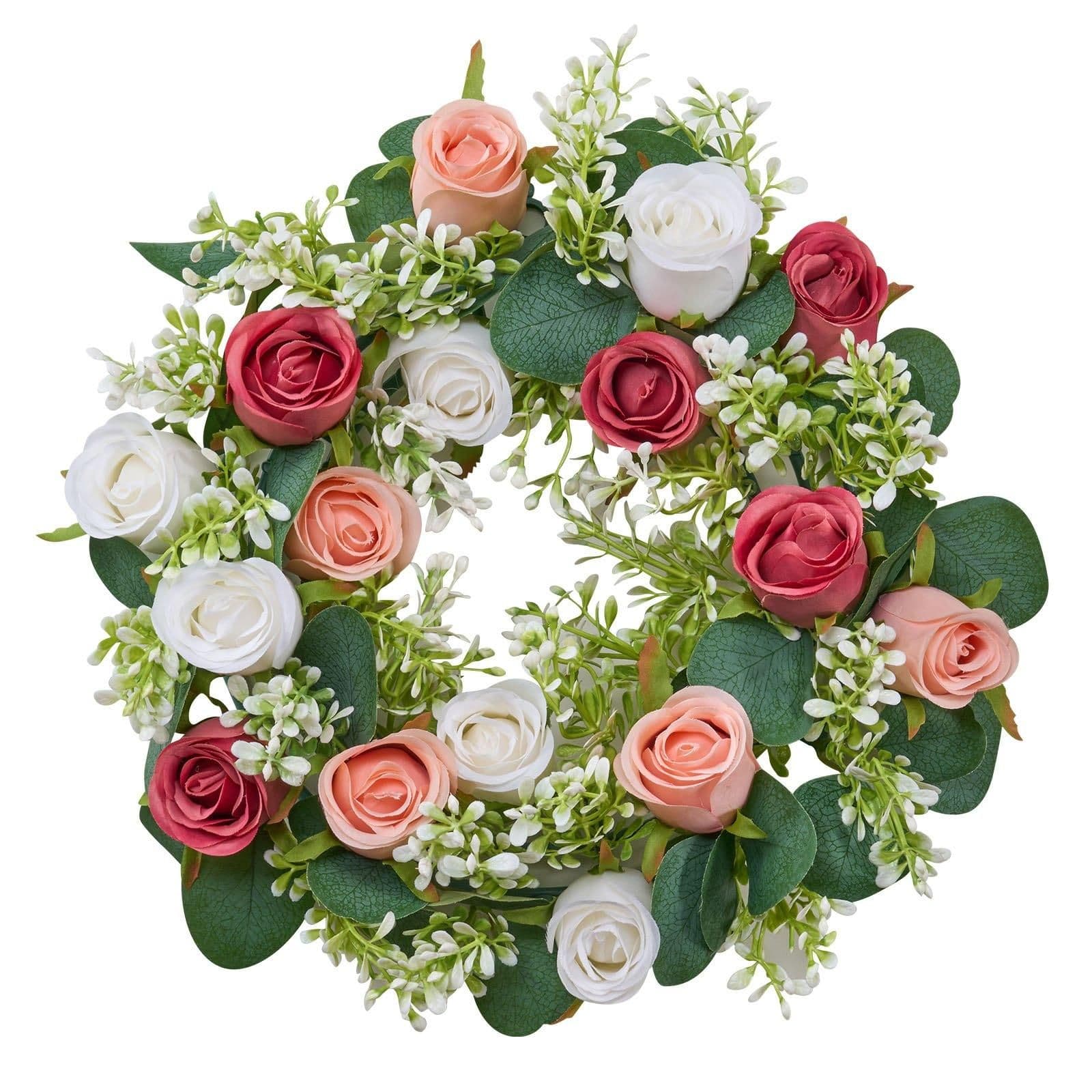 image-VEVOR Artificial Rose Wreath, 14-Inch Diameter Faux Flower Wreath with Pink and White Roses, Flower Arrangement Centerpiece for Valentine's, Mother's Day, Party, Wedding and Home Table Décor, 10 PCS