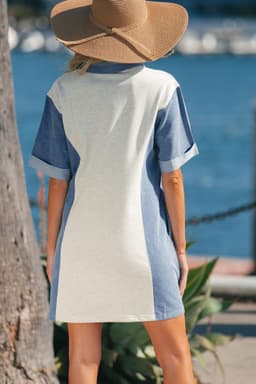 image-Light Grey Denim Color Block Patchwork Button Polo Collar T Shirt Tunic Dress