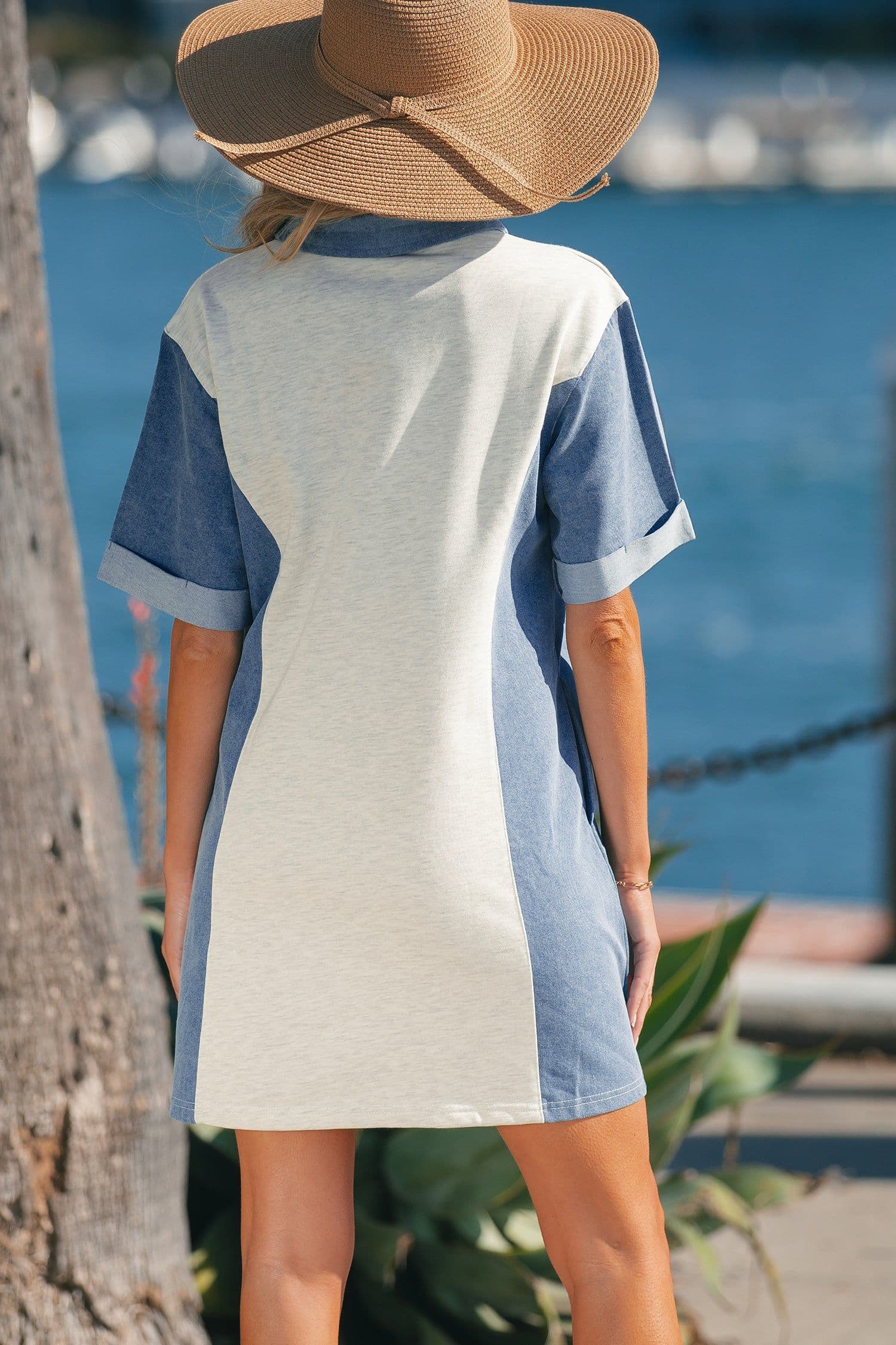 image-Light Grey Denim Color Block Patchwork Button Polo Collar T Shirt Tunic Dress