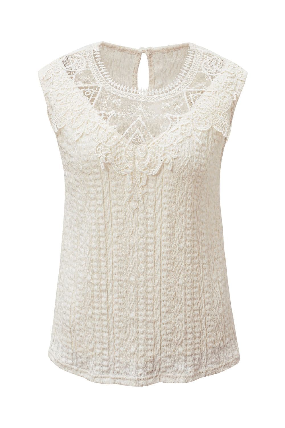 image-Guipure Lace Crochet Keyhole Back Tank Top - Apricot