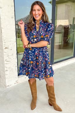 image-Blue Wild Daisy Floral Split Neck Short Puff Sleeve Mini Dress