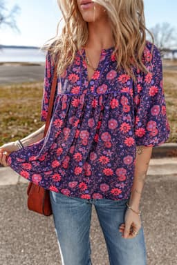 image-Floral Half Sleeve Split Neck Blouse Top - Purple