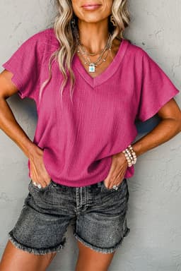 image-Blue Sapphire Crinkled V Neck T-shirt - Women's Fashion