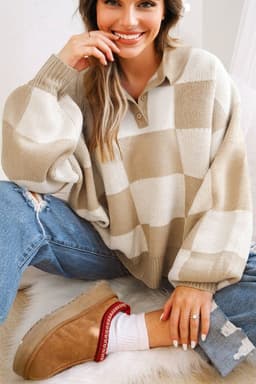 image-Mist Green Checkered Polo Collar Loose Sweater
