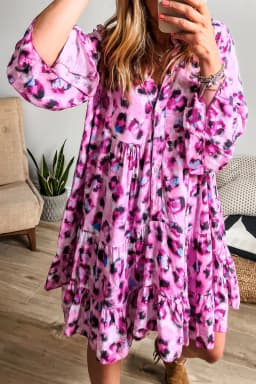 image-Leopard Print Dress - Buttoned Front 3/4 Sleeves, Tiered Ruffled Hem, Black (65 characters)