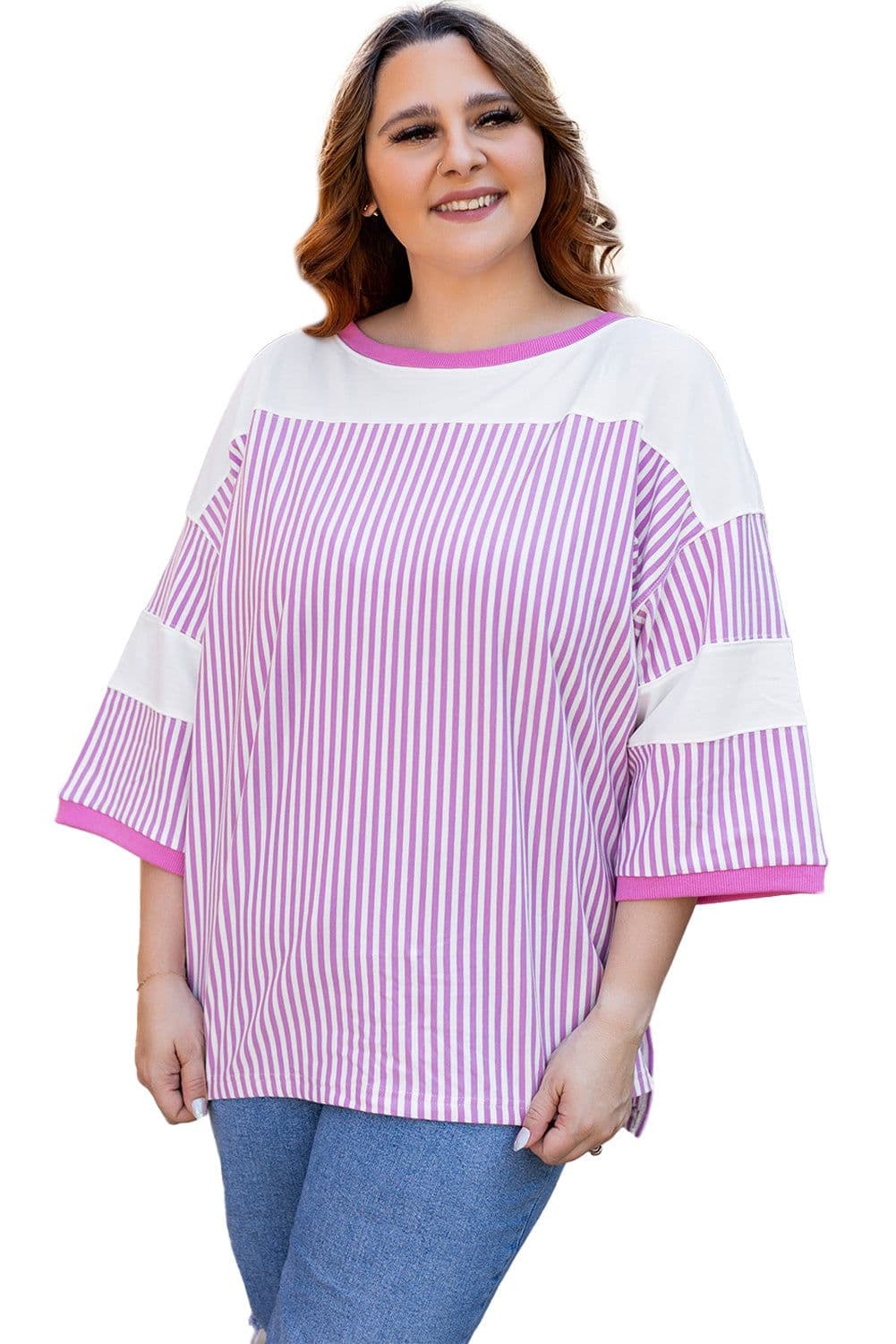 image-Pink Stripe Patchwork Plus Size T-Shirt