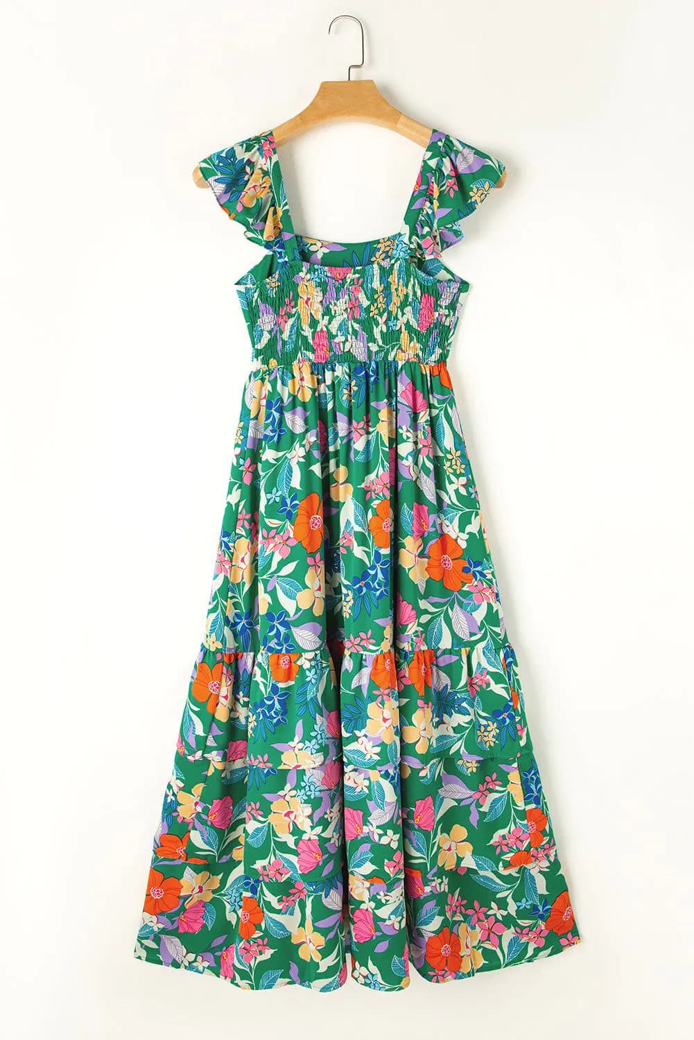 image-Green Floral Print Sleeveless Ruffle Tiered Maxi Dress
