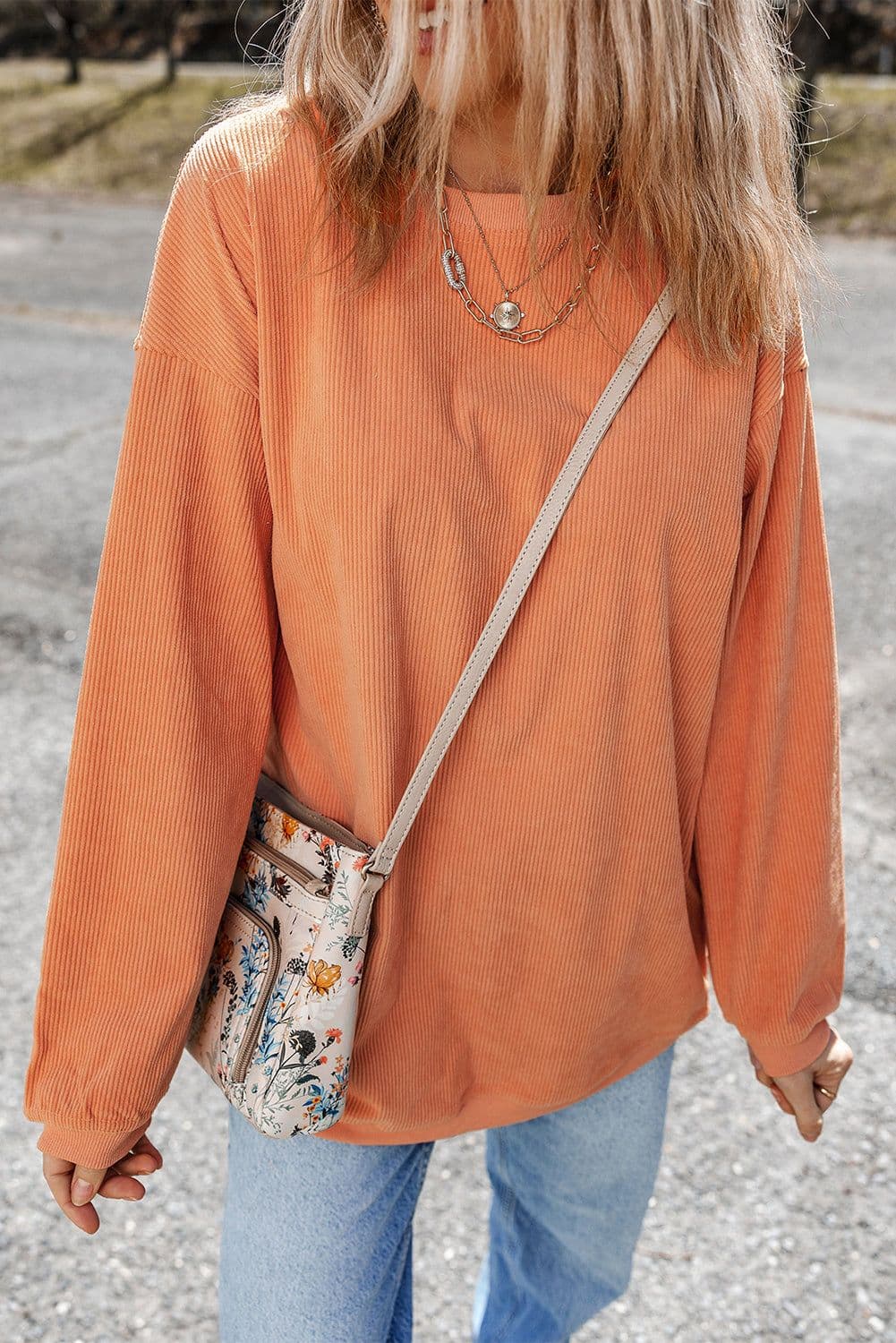 image-Strawberry Pink Ribbed Corded Oversized Sweatshirt