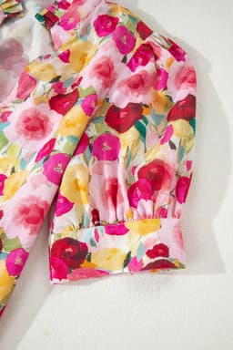 image-Pink Floral Blouse - Frilled V Neck Puff Sleeve
