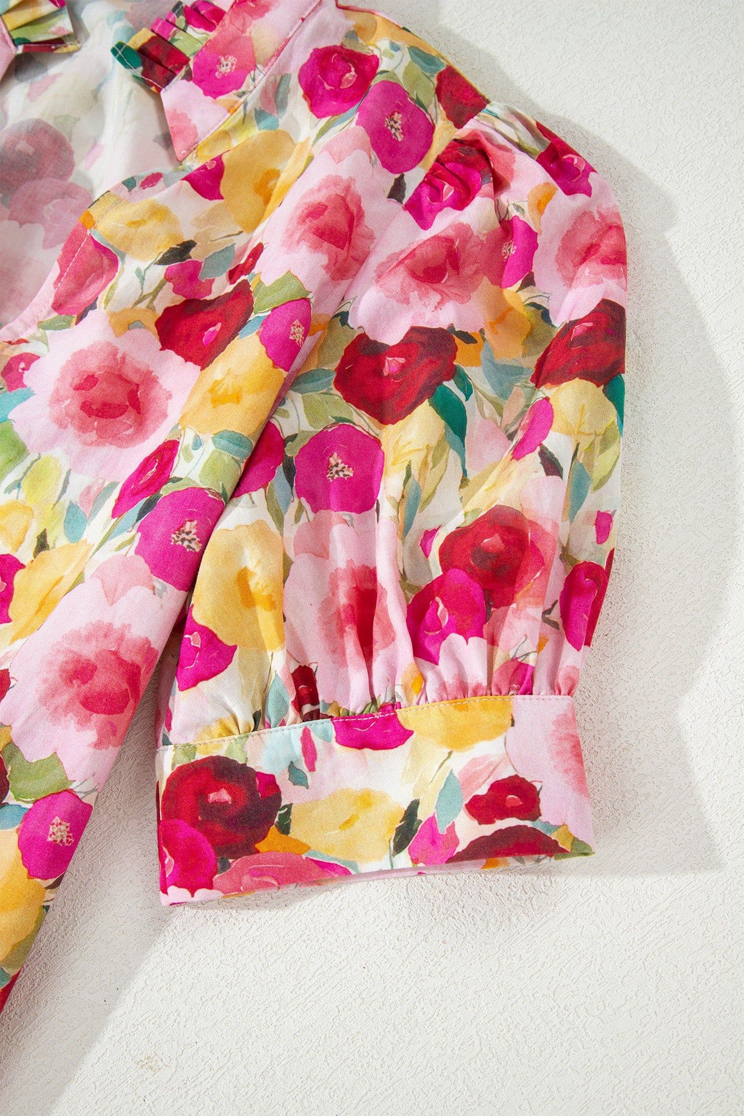 image-Pink Floral Blouse - Frilled V Neck Puff Sleeve