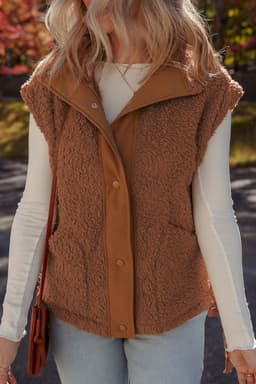 image-Beige Faux Fur Snap Button Front Knot Side Plush Vest with Pockets