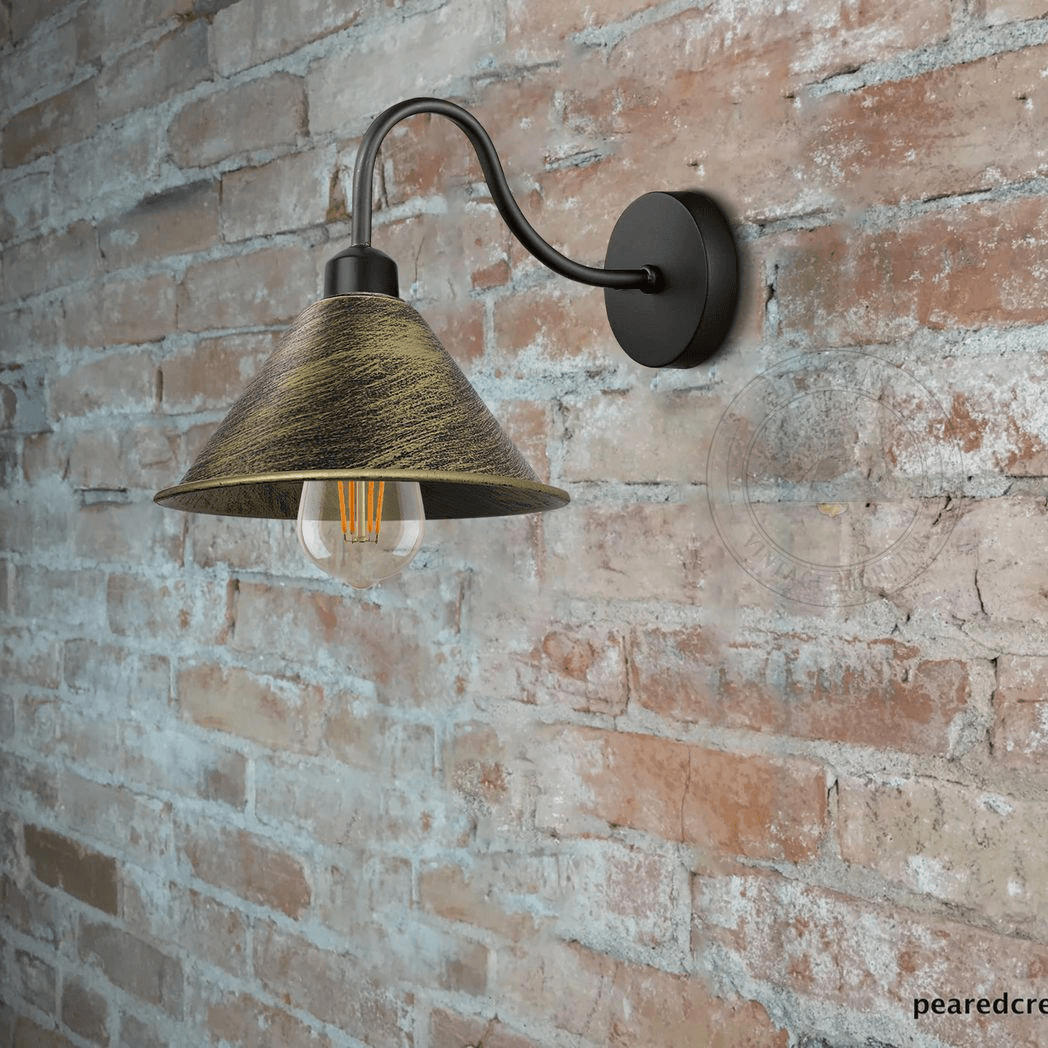 image-Brushed Brass Vintage Wall Light Fixture Black Wall Sconce E27 Base Socket Screw Wall Mounted Neck Cone Shape Shade
