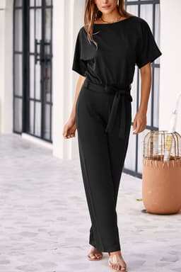image-Black Belted Wide Leg Jumpsuit
