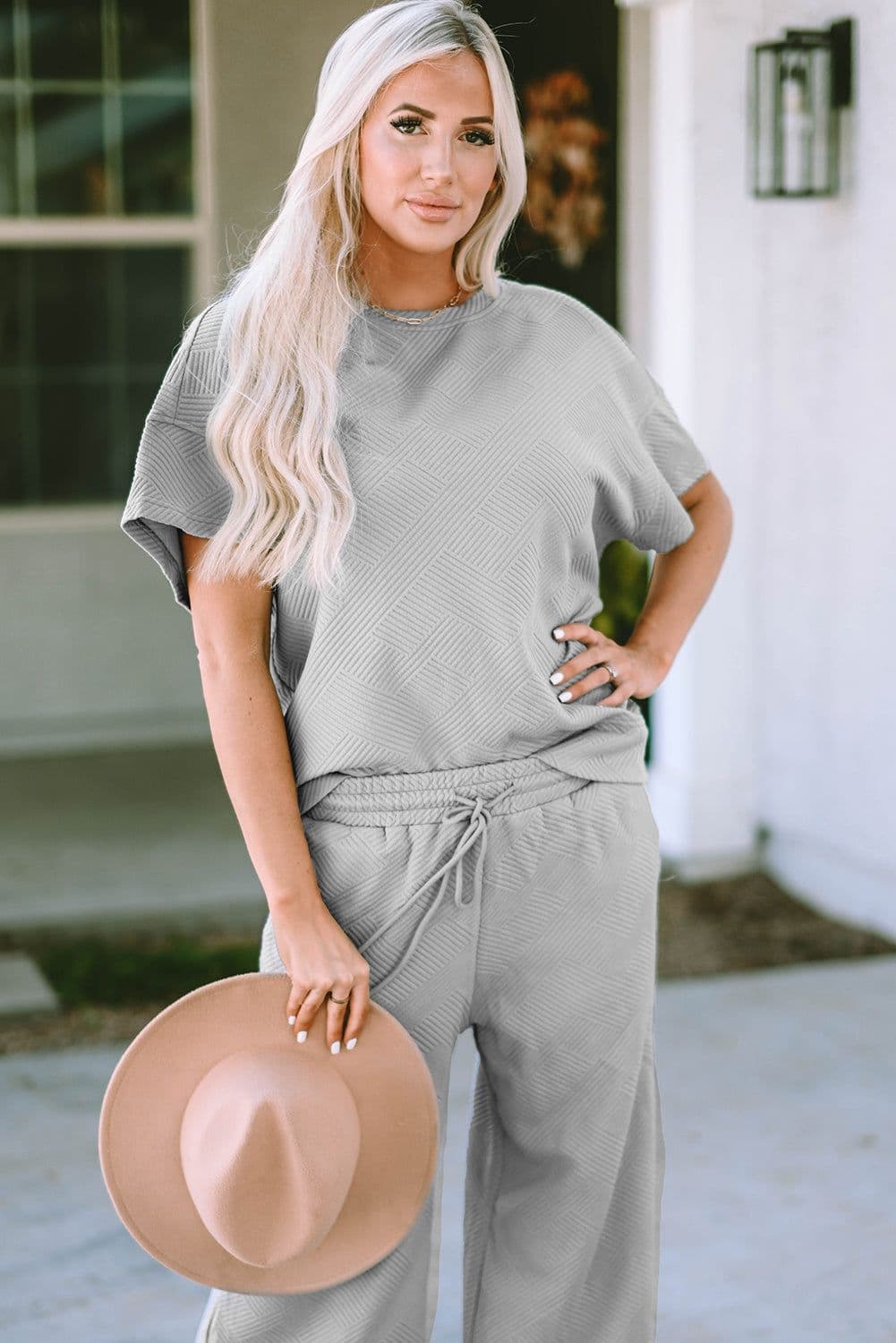 image-Strawberry Pink Textured Loose Fit T Shirt and Drawstring Pants Set