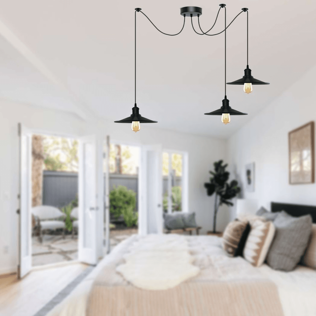 image-Black Vintage 3 Head Cone shaped shade Ceiling Pendant Light Fitting with Adjustable Cord Hanging Light Fixture