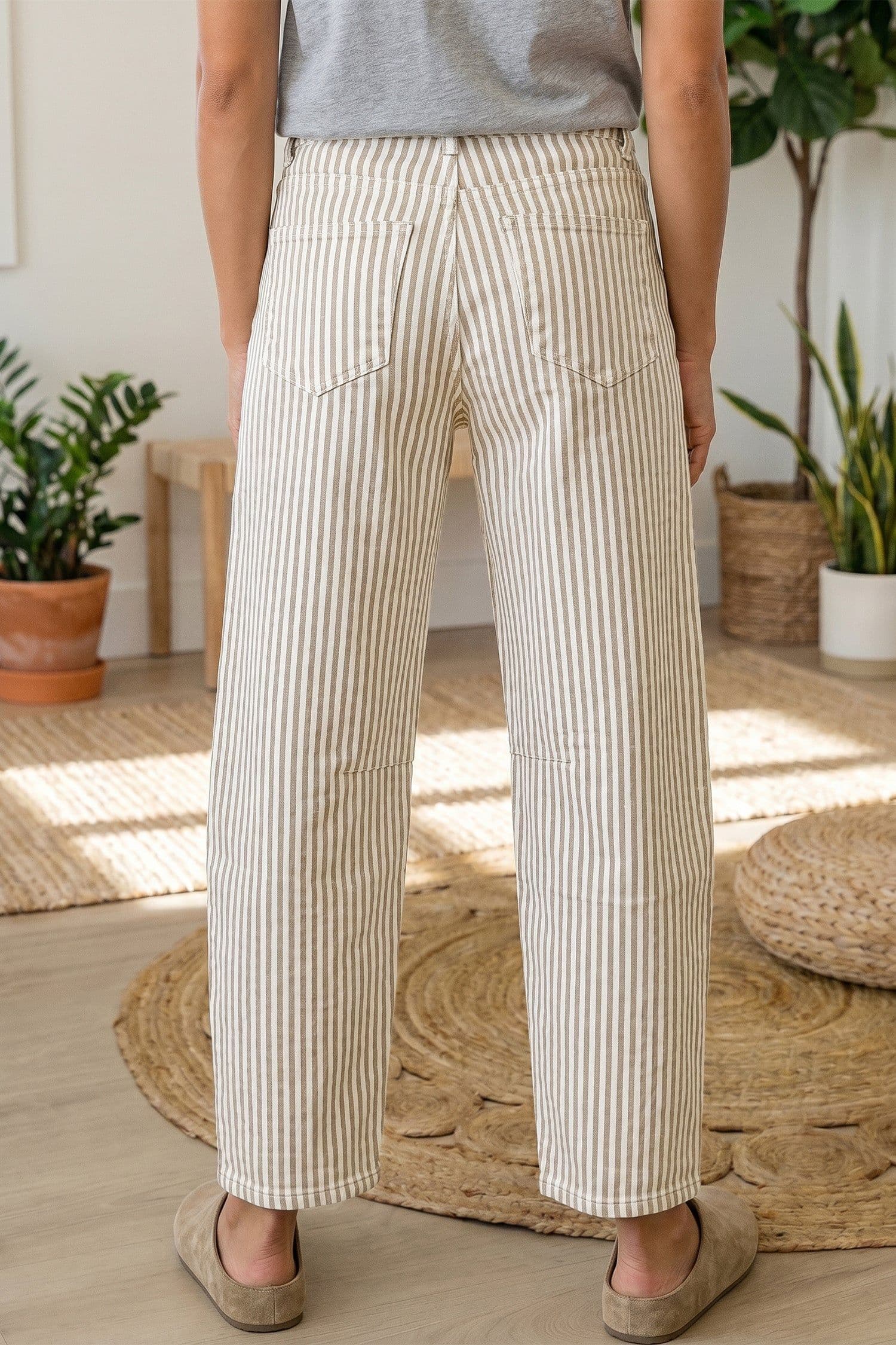 image-Khaki Stripe Casual Barrel Jeans - Striped Denim Pants