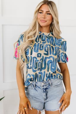 image-Beige Embroidered Puff Sleeve Top with Frilled Neck (54 characters)