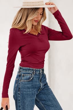 image-Smoke Gray Lace-Trim Sweetheart Ruched Long Sleeve Top