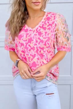 image-Bonbon Flowery Mesh Puff Sleeve Blouse - V-Neck