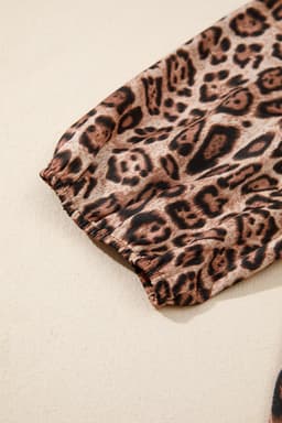 image-Brown Leopard Bow Tie Puff Sleeve Blouse