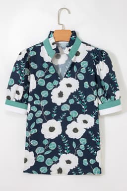 image-Blue Floral Striped Patchwork V Neck Blouse