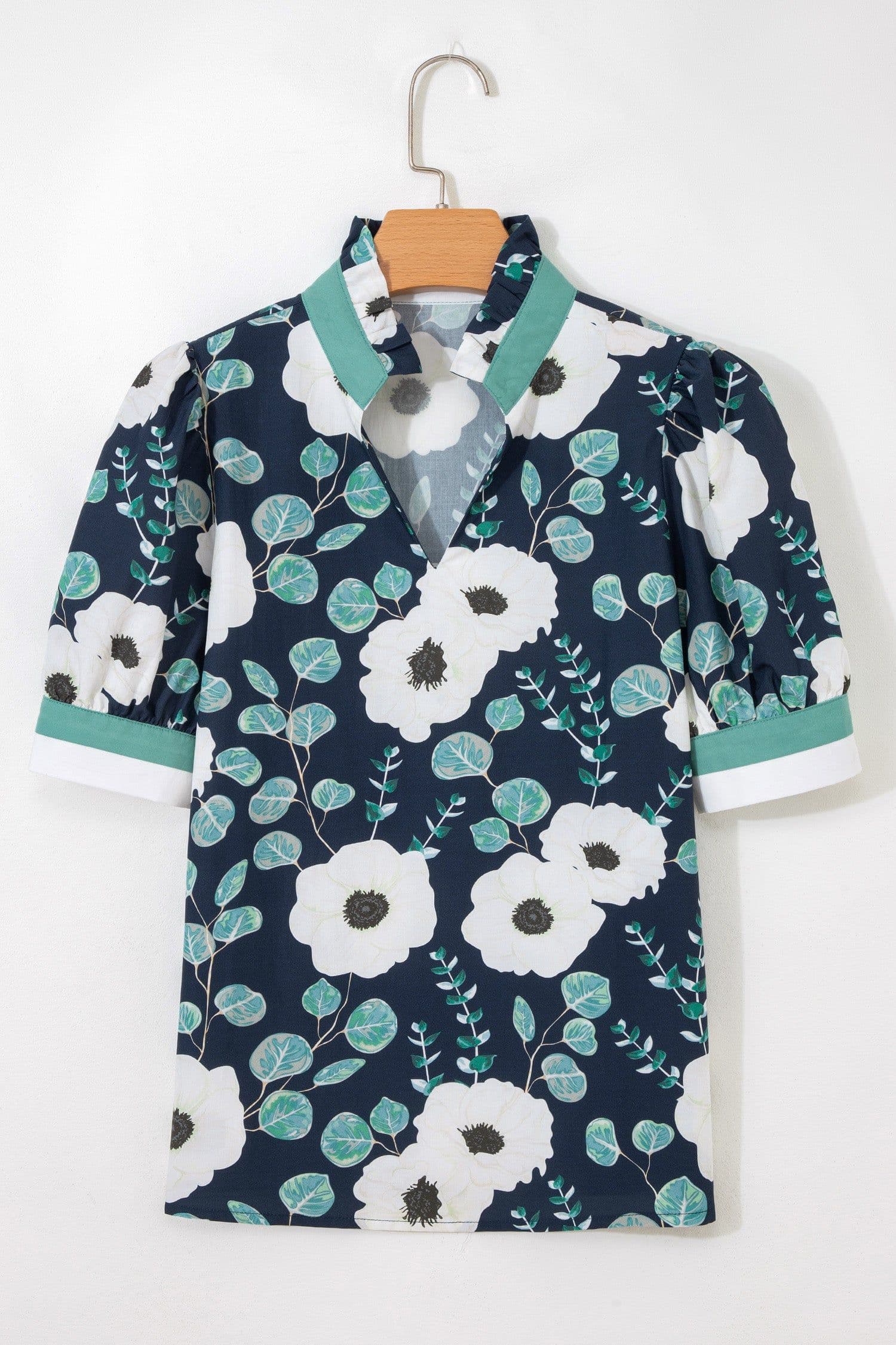 image-Blue Floral Striped Patchwork V Neck Blouse