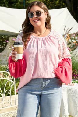 image-Plus Size Floral Patchwork Long Sleeve Blouse - Pink