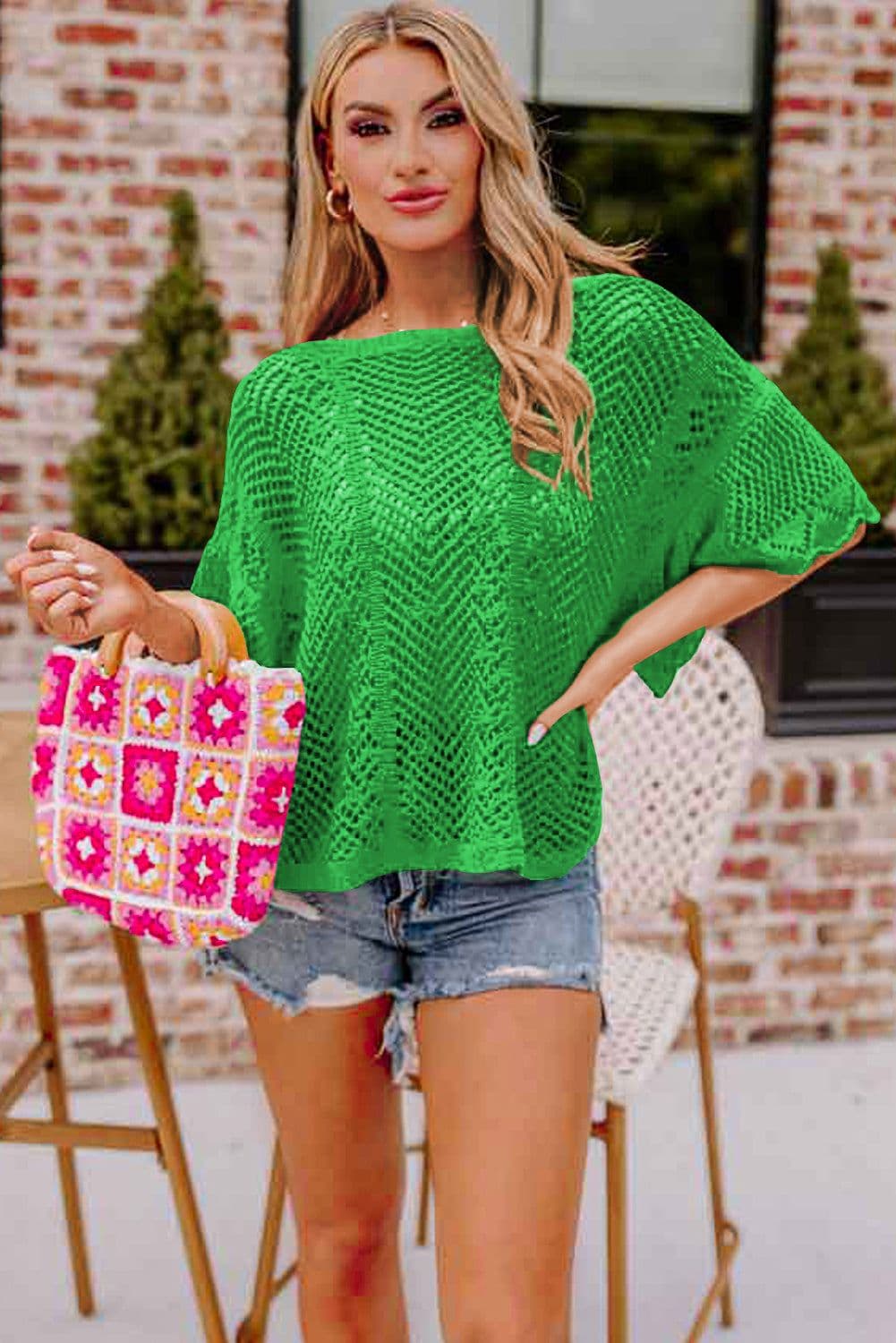 image-Rose Red Pointelle Knit Top - Short Sleeve, Scallop Edge, Delicate Design
