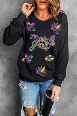 image-Black Sequin Fleur de Lis Mardi Gras Pullover Sweatshirt