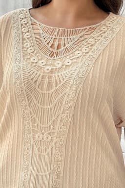 image-Plus Size Beige Crochet Lace Patched Cuffed Sleeve Top - Textured Cable Knit (65 characters)