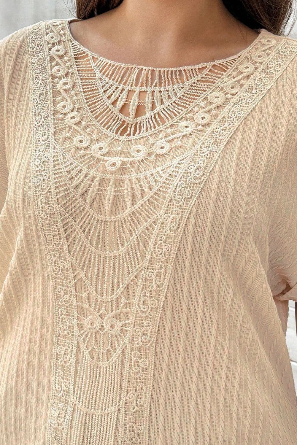 image-Plus Size Beige Crochet Lace Patched Cuffed Sleeve Top - Textured Cable Knit (65 characters)