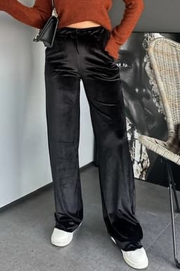 image-Black Shiny Velvet Drawstring High Waist Straight Leg Casual Pants