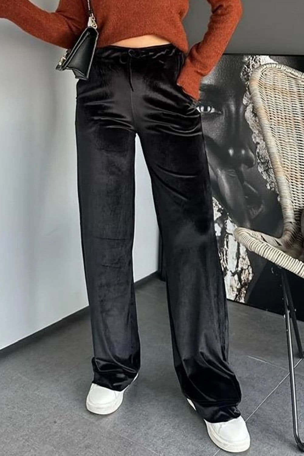image-Black Shiny Velvet Drawstring High Waist Straight Leg Casual Pants