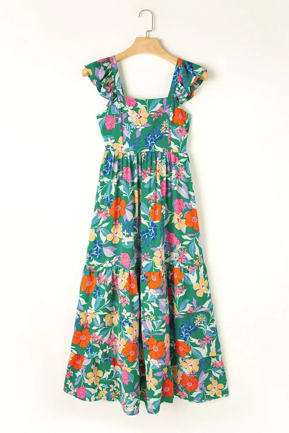 image-Green Floral Print Sleeveless Ruffle Tiered Maxi Dress