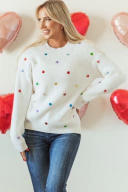 image-Beige Sequin Heart Waffle Knit Sweater (51 characters)