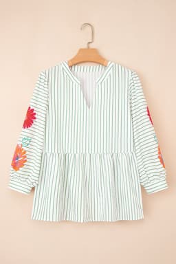 image-Green Stripe Floral Puff Sleeve V-Neck Babydoll Blouse