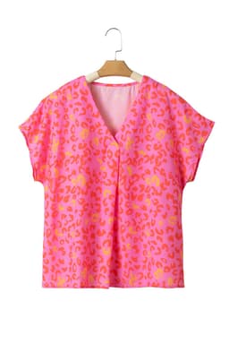 image-Pink Leopard V Neck Short Sleeve Blouse