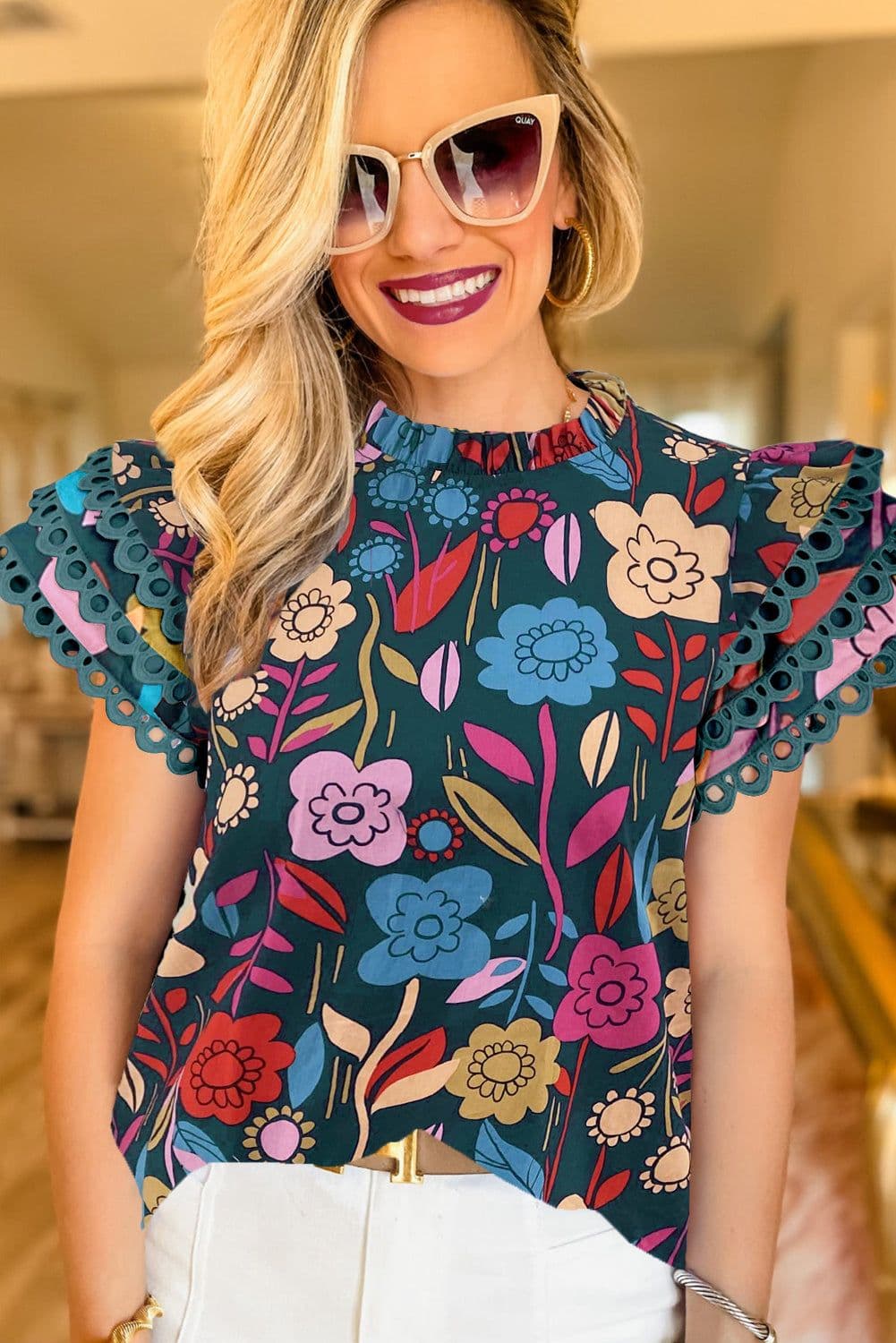 image-Floral Blouse - Green Trimmed Ruffle Sleeves Summer Top - Sizes Available