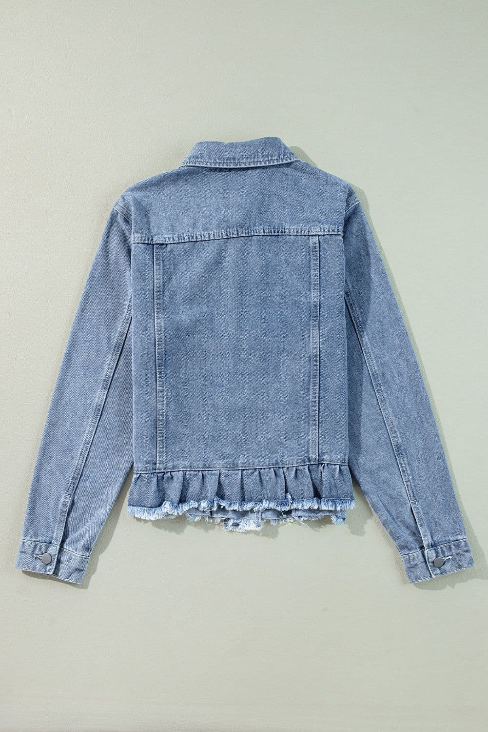 image-Beau Blue Ruffle Raw Hem Flap Pockets Denim Jacket