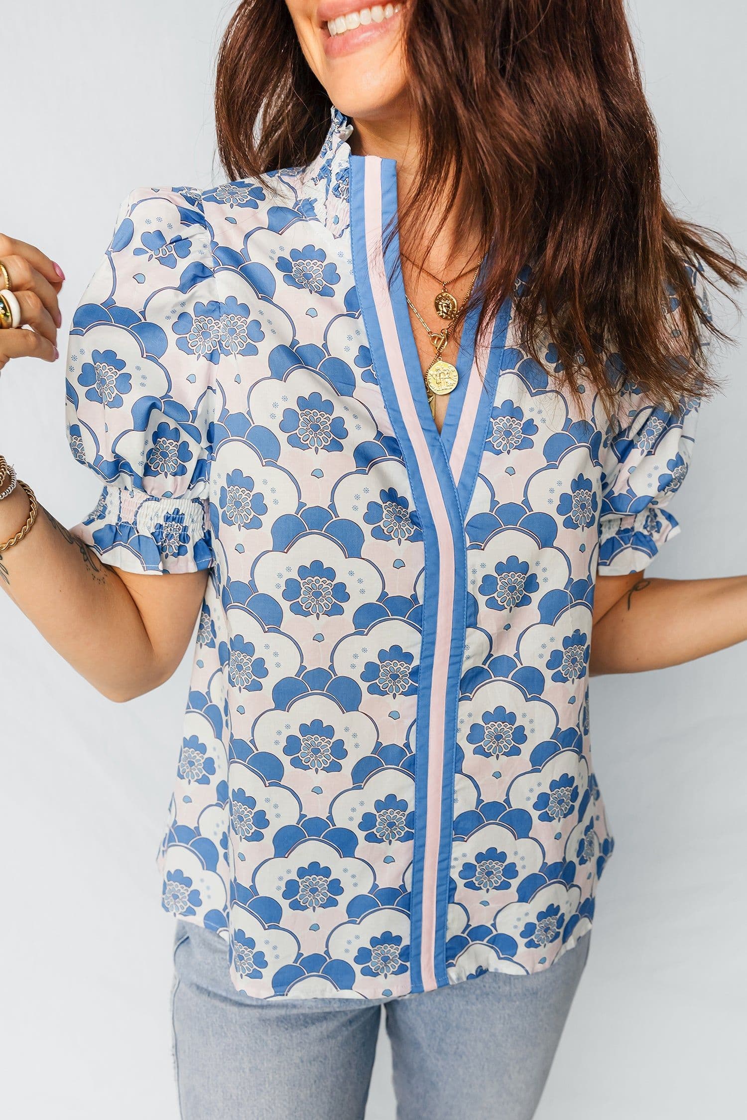 image-Sky Blue Floral Print Flounced Short Sleeve Contrast Trim V Neck Blouse
