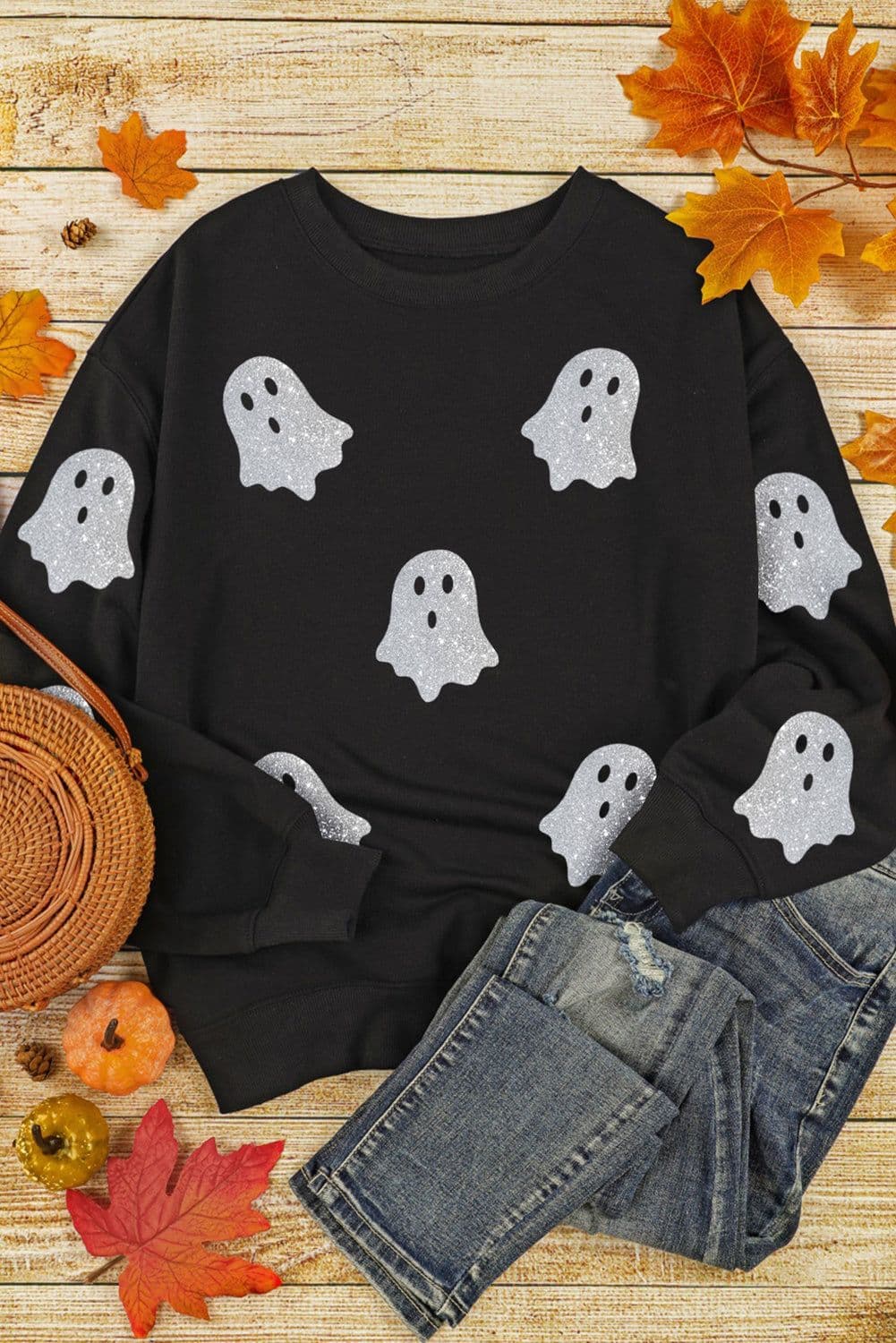 image-Black Glitter Ghost Pattern Crew Neck Halloween Sweatshirt