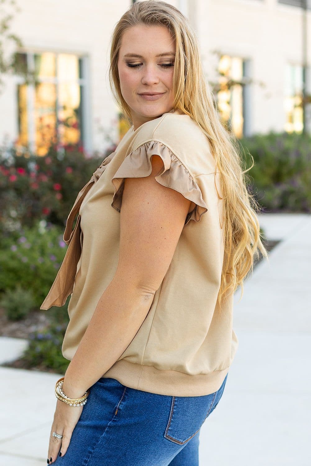 image-Plus Size Ruffled Bowknot Top - Short Sleeve - Plus Size