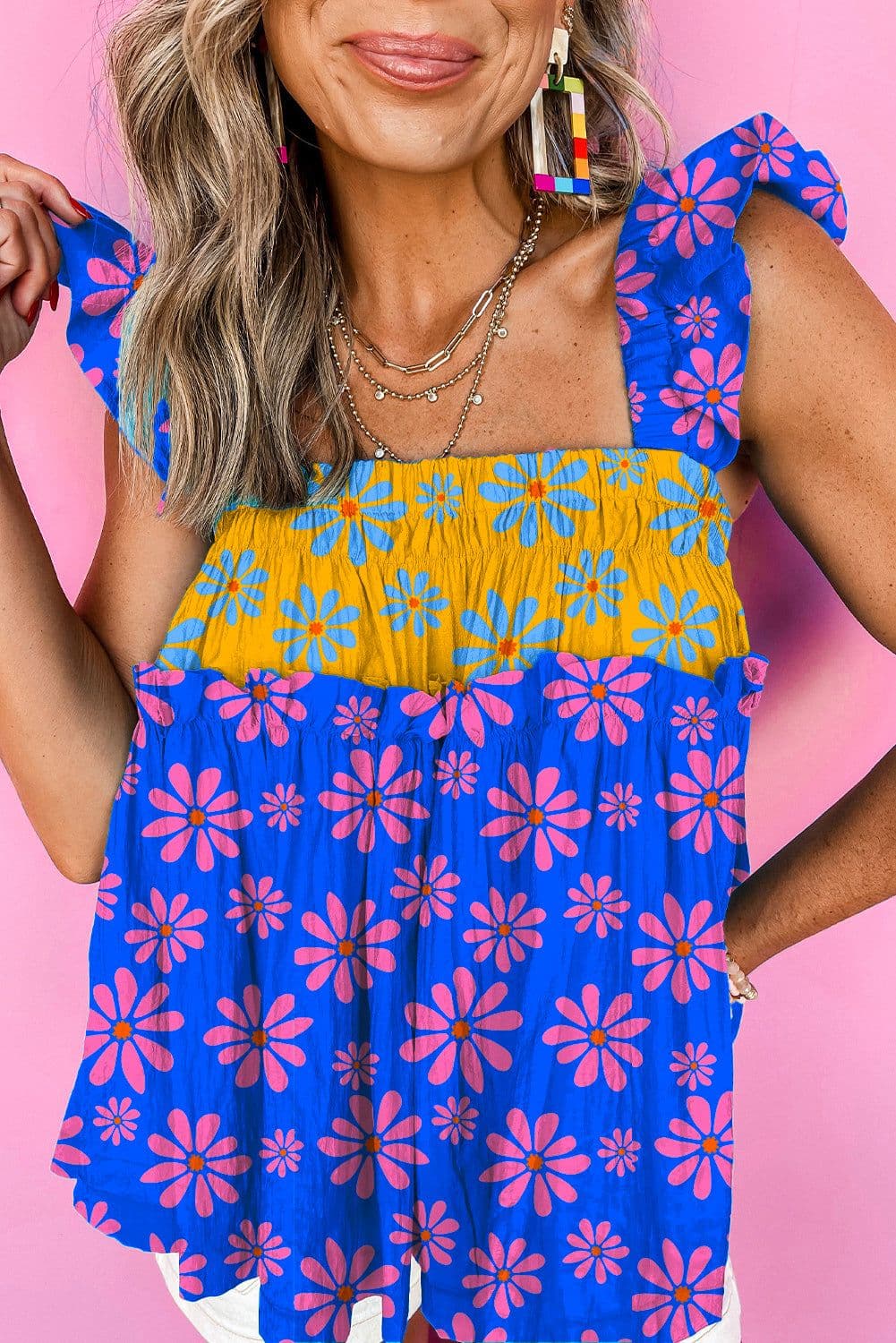 image-Blue Floral Colorblock Flutter Strap Tank Top