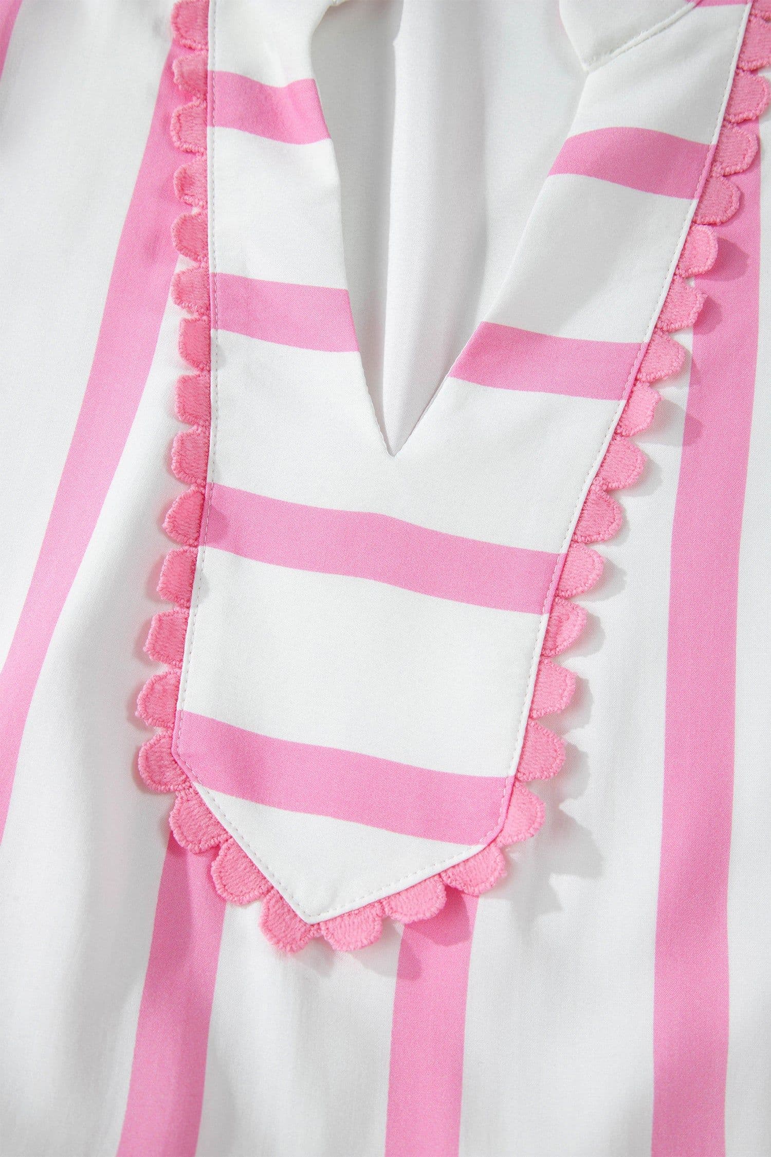 image-Pink Stripe Plus Size V Neck Puff Sleeve Maxi