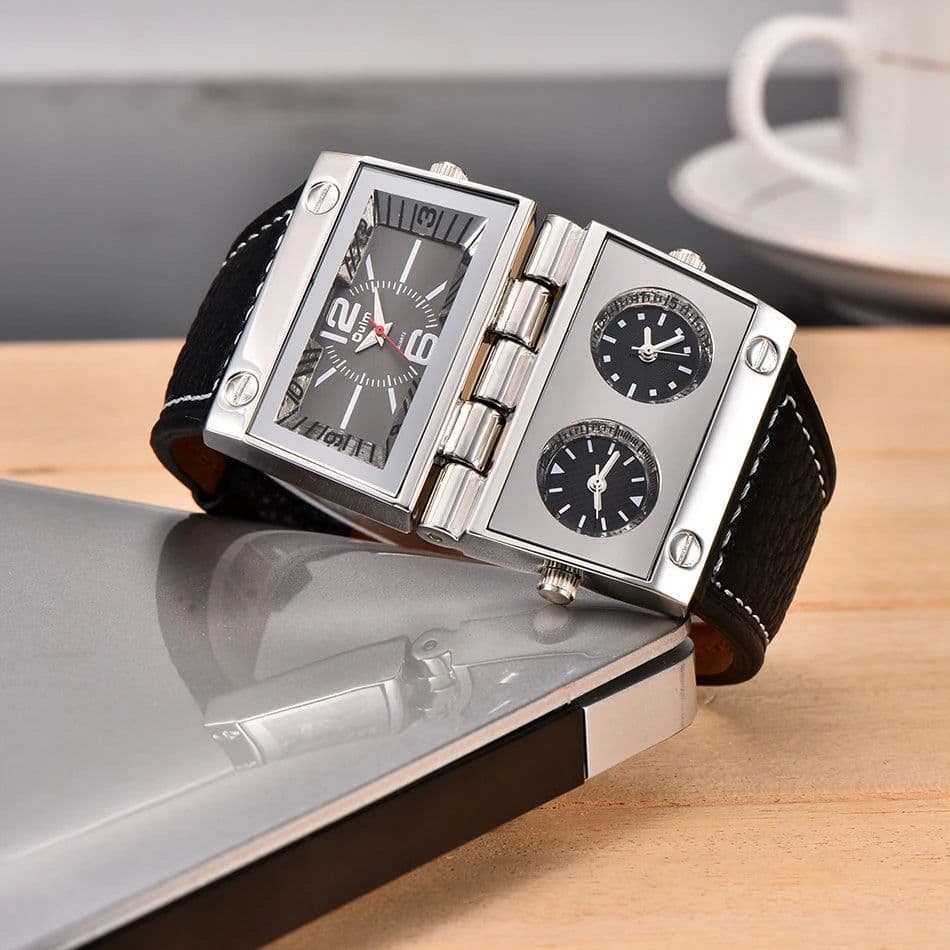 image-New Men Dual Display Sports Watches Oulm Men Watch Fold Big Size Fashion Outdoor Clock Leather Quartz Watch Relogio Masculino